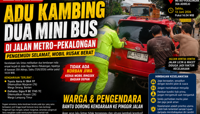 Adu Kambing Dua Mini Bus di Jalan Metro–Pekalongan, Pengemudi Selamat Mobil Ringsek Bagian Depan