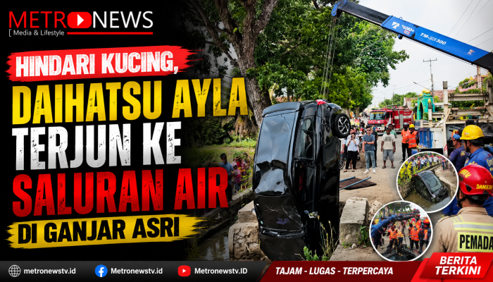 Hindari Kucing, Daihatsu Ayla Terjun ke Saluran Air di Ganjar Asri