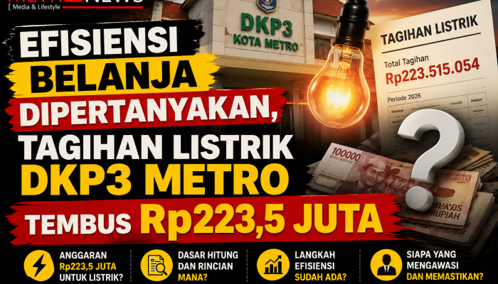Tagihan Listrik Rp223,5 Juta Tanpa Tender, Anggaran DKP3 Kota Metro Disorot